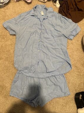 stars above Blue Striped Short Sleeve Button Pajama Set